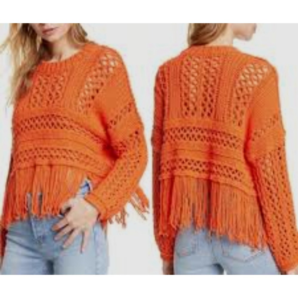 Free People Higher Love Boxy Cropped‎ Crochet Sweater L Orange Festival Fringe